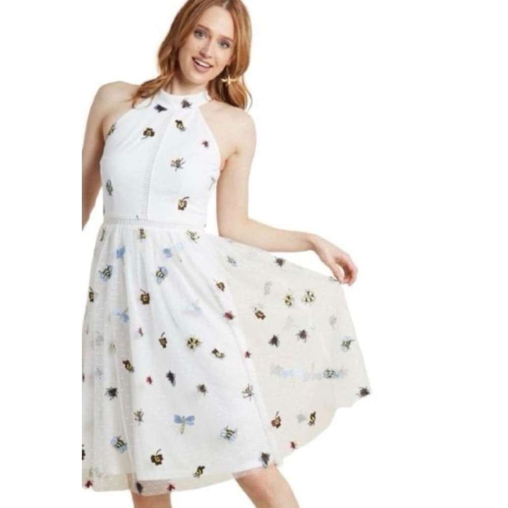 Liza Luxe White Insect Embroidered Halter Dress Swiss Dot Mesh XL